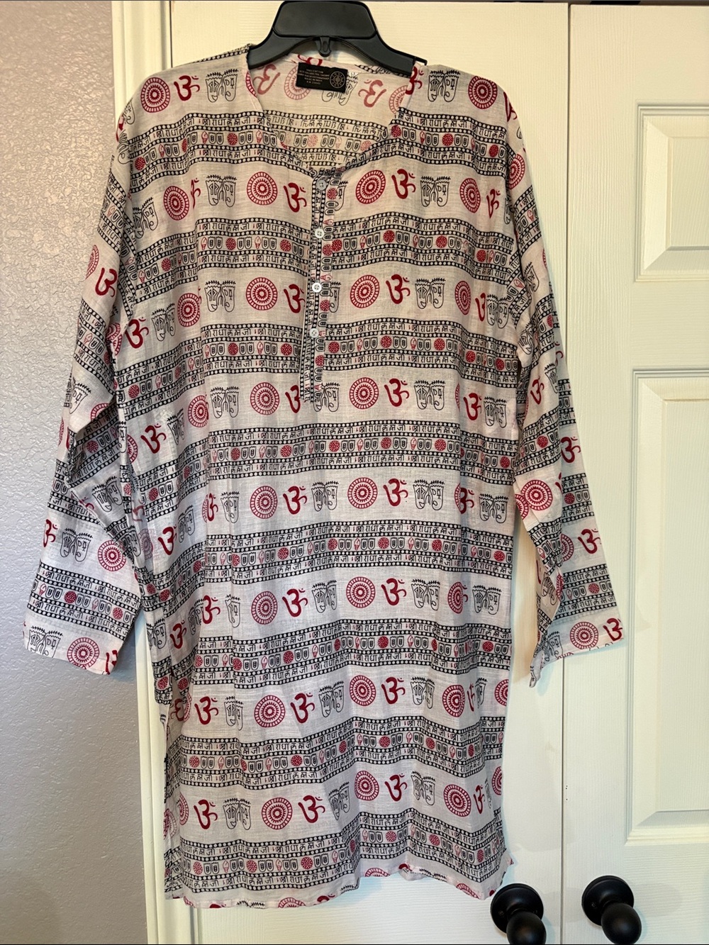 Indian Men's White Printed Button-Down Casual Shirt with Red & Black Motifs
